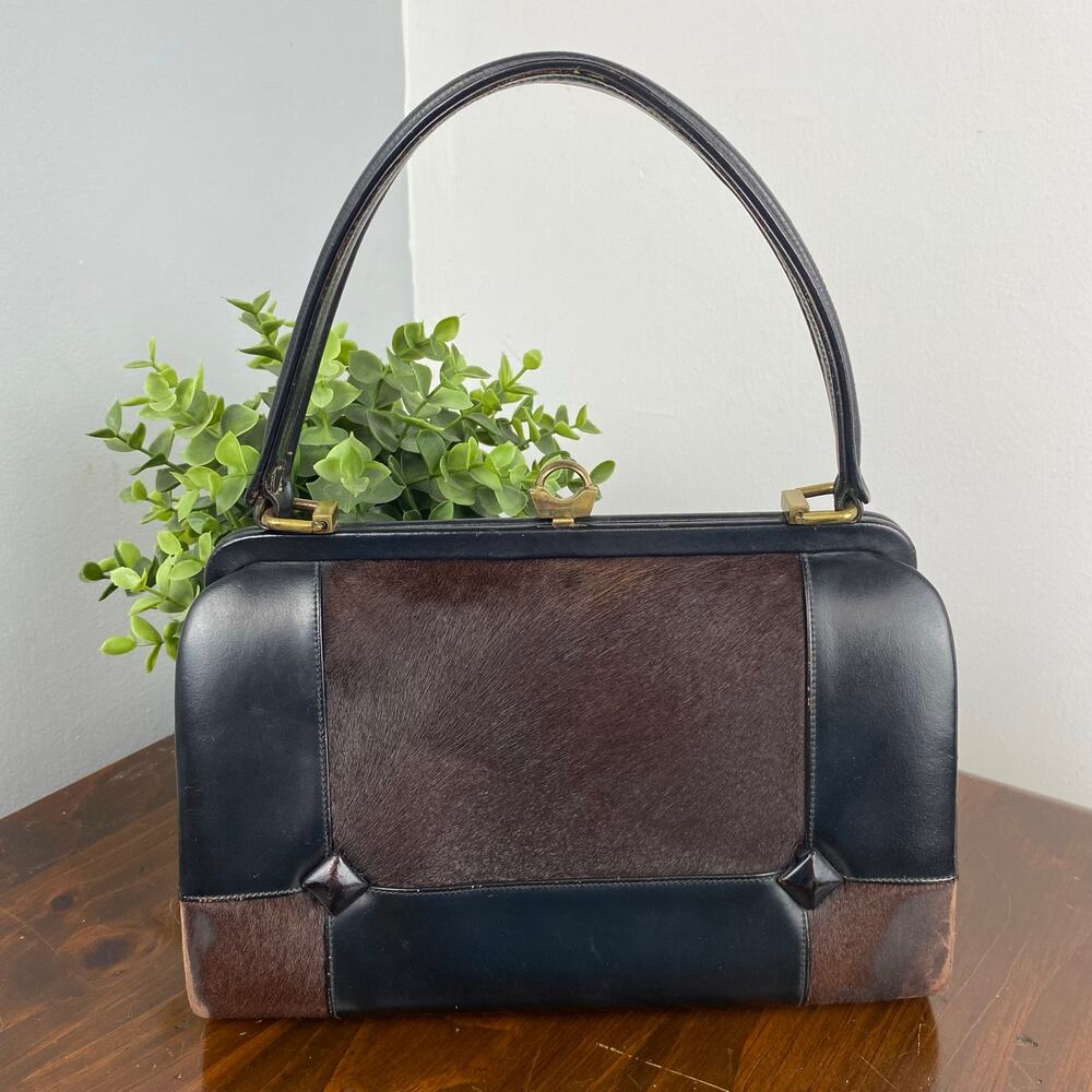 Vintage Genuine Pony Hair & Leather Frame Handbag Dark Brown Black Doctors Bag